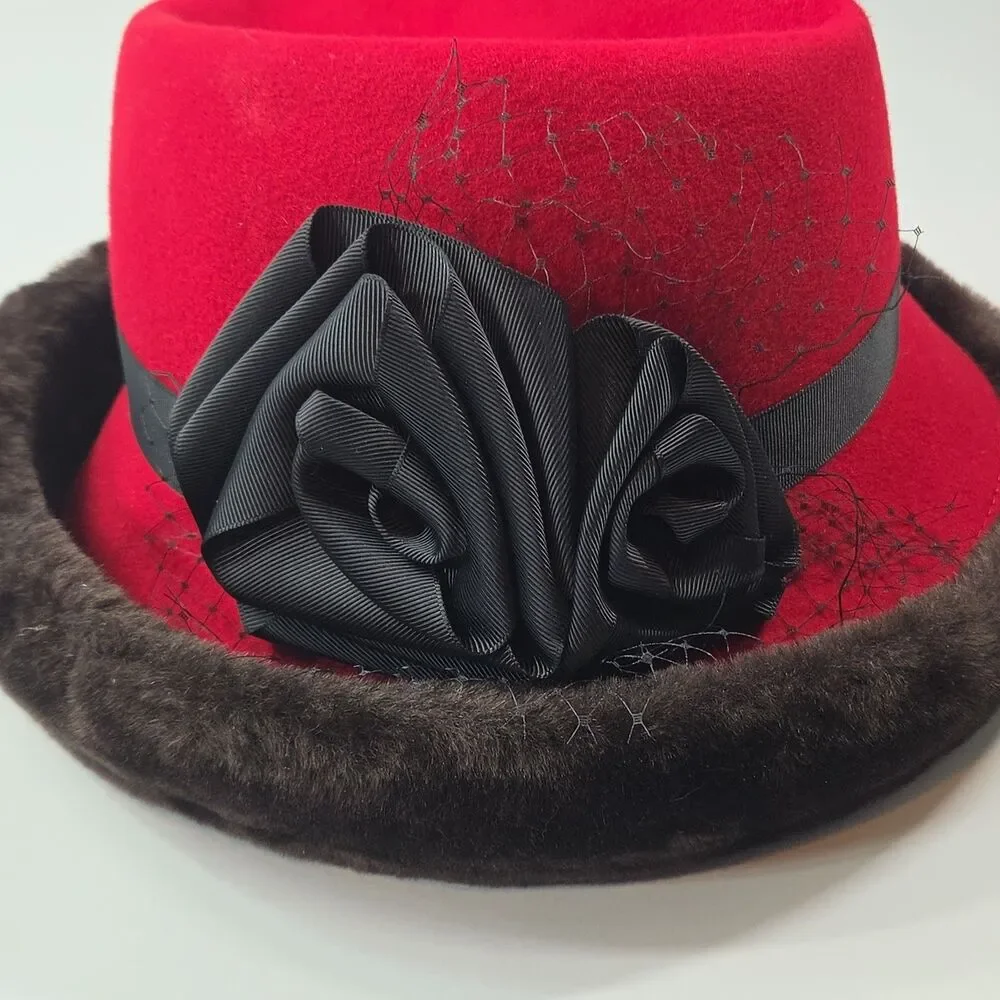 Betmar New York Hat 100% Wool Red Black Flower One Size Women Winter Lot of TWO